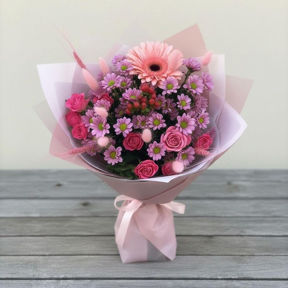 Букет цветов из: Розы, Герберы и Хризантемы в Красный