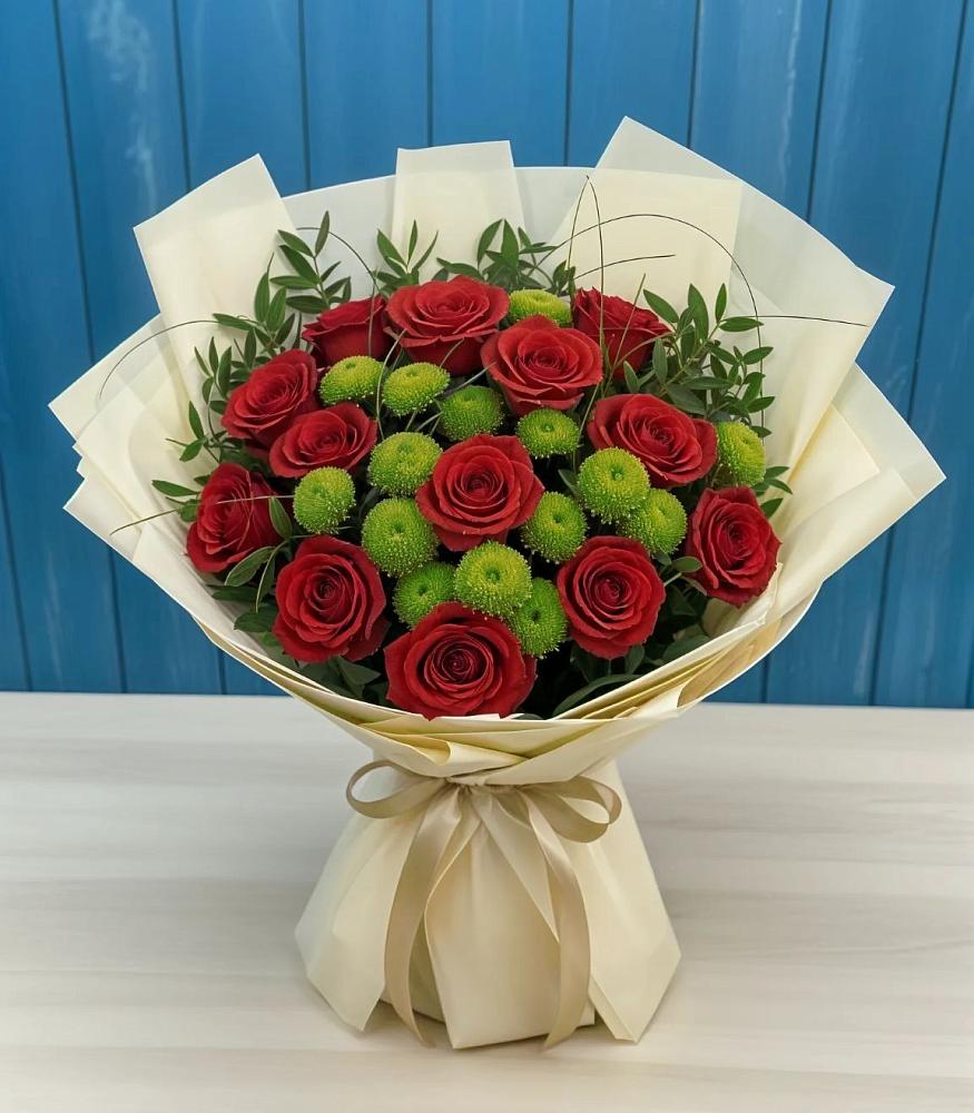 Букет цветов из: Розы и Хризантемы в Красный